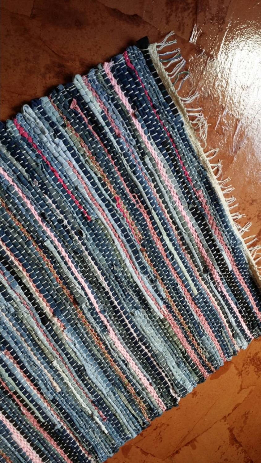 Denim with Pink Handwoven Rag Rug Floor Rug by JessieMayDesigns