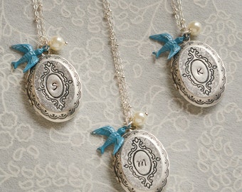 Silver Locket Bridesmaid Gift Locket Bridesmaid Jewelry Bridesmaid Necklace Mothers Day Gift Bridal Jewelry Rustic Wedding Blue Bird Locket