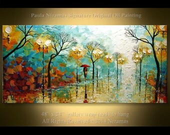 Oil painting on canvas Red Umbrella PALETTE KNIFE original extra heavy texture wall decor