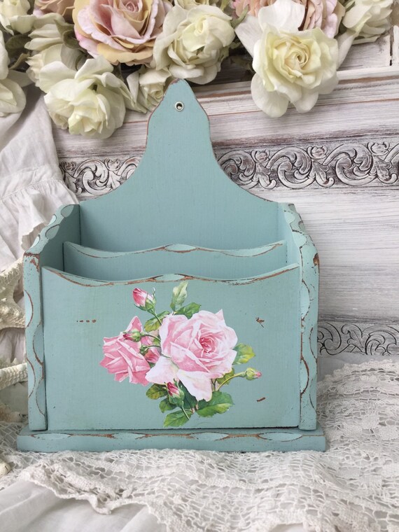 RESERVED Shabby Chic Mail Holder / Wall pocket- Vintage Up- Cycled, Chippy distressed cottage chic letter organizer,Catherine Klein roses 