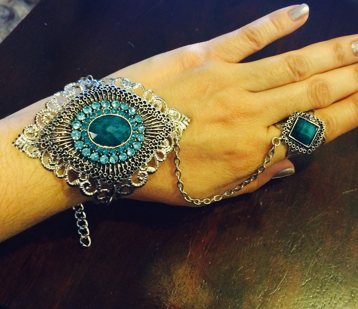 Silver slave cuff bracelet and ring or hand harness made