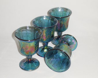 Indiana Iridescent Blue Carnival Glass Goblets, Harvest Grape, Set of 4