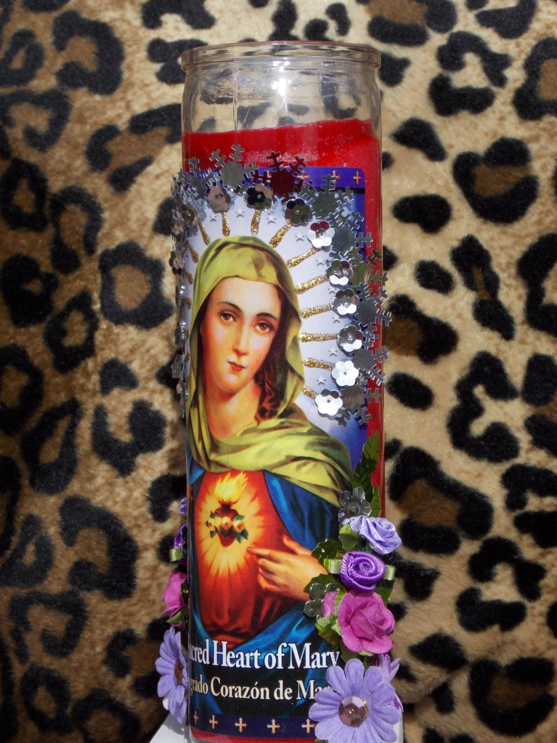 Sacred Heart Virgin Mary Votive Candle with Silver Snowflakes