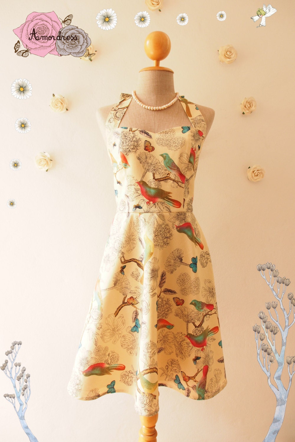 My Vintage Garden Tea Party Floral Tea Dress Halter Dress