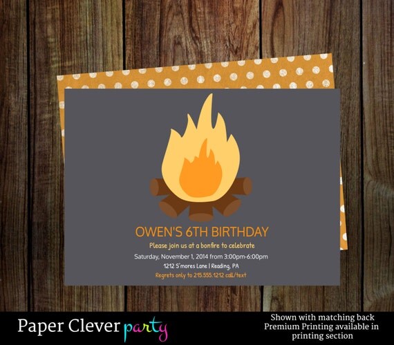Outdoor birthday party invitations - boys bonfire birthday party invites - modern party black, brown and orange Il_570xn
