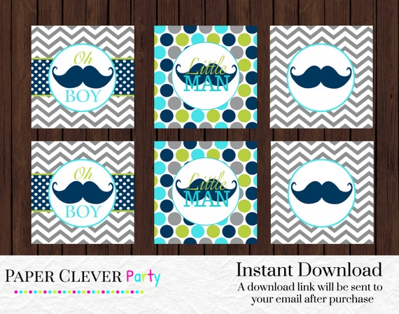 Mustache baby shower cupcake toppers -- boys little man shower decor -- navy, aqua blue and lime instant download printable file Il_570xn