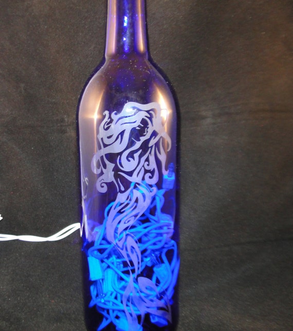 Etched Mermaid Wine Bottle Lamp - Etched Mermaid - Wine Bottle 