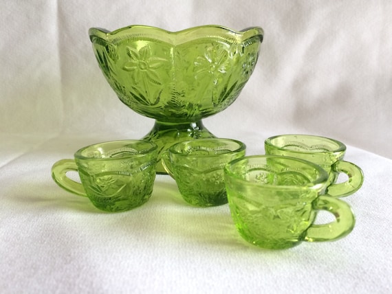 Miniature Carnival Glass Green Punch Bowl and Cups Child's