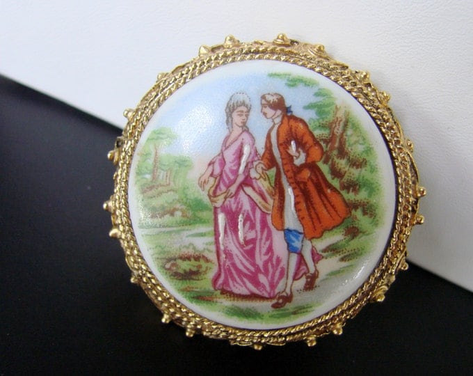 Vintage Limoges France Porcelain Brooch / Courting Couple / Transfer / Hand Painted / Jewelry