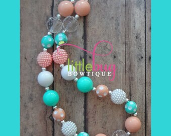 Easter Spring Peach Aqua White Striped Chunky Bubblegum Bead Necklace - Photography Prop Newborns, Toddlers, Girls, Babies