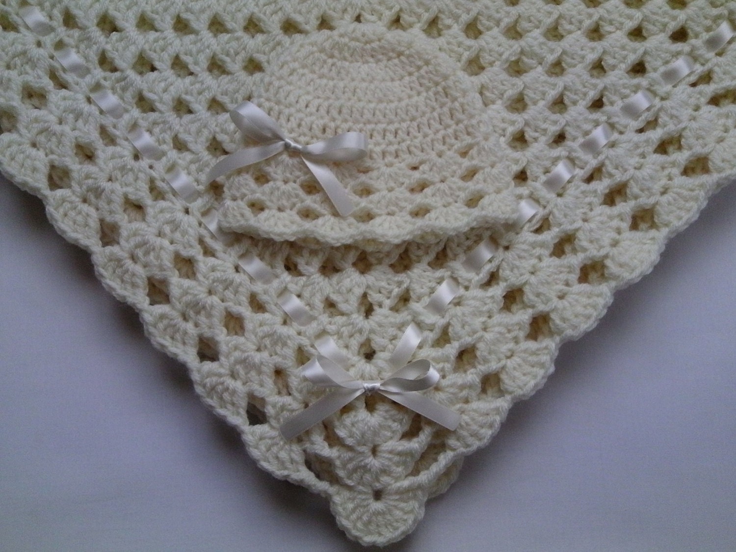 Crochet Baby Blanket and Baby Hat Set Gift Christening Baptism