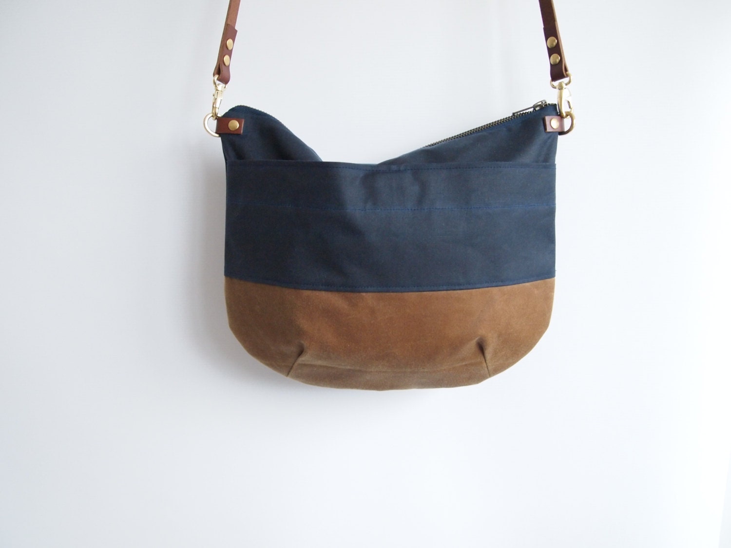 Canvas Cross Body Bag NEVIS Navy Blue and Tan Zip Top