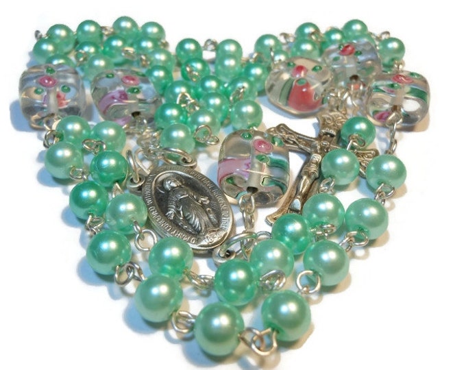 FREE SHIPPING Green glass pearl rosary beads 'Minted Love' mint pearls, lampwork rose Paters, sterling silver wire, center and crucifix