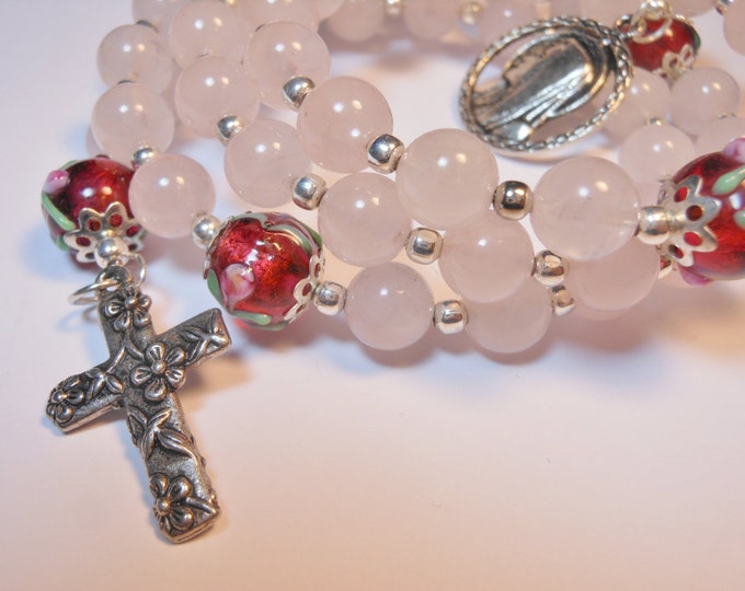 FREE SHIPPING Rosary bracelet "Pink Goddess" five decade, rose quartz beads, Lampwork floral Our Father beads, silver plated crucifix medal