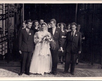 Vintage Wedding Photo - The Bride and Groom Happily Married - Poland 1950s - Real Photograph Black & White