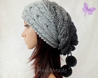Slouchy Beanie Slouch Hat Oversized Baggy Cabled Hat Neck Warmer womens Fall Winter Merino Wool Gray Grey Hand Made Knit