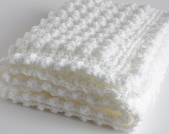 White baby blanket. 32" x 24" approx handmade extra thickness crochet baby blanket/shawl. Ideal Christening / shower /new baby gift.