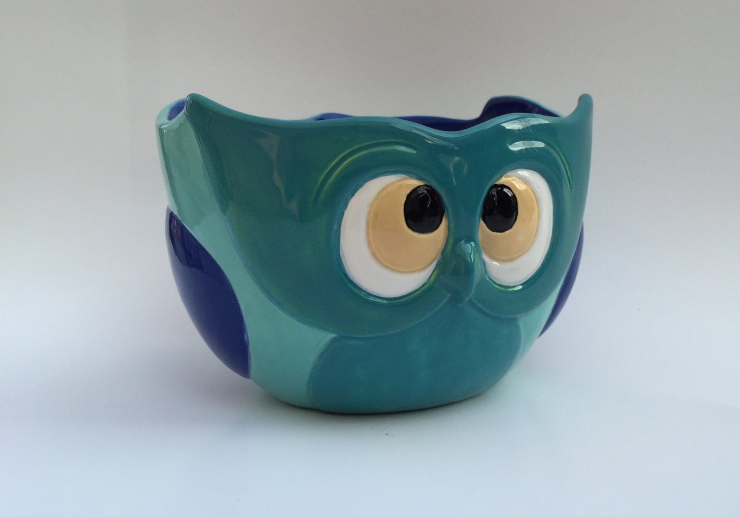 Blue Green Ceramic Owl Planter Bowl