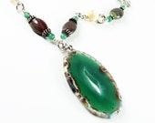 Green-Brown Agate Necklace, Silver Necklace, multi stone artisan necklace, natural semiprecious stones, jasper, shell, aventurine, NL2333