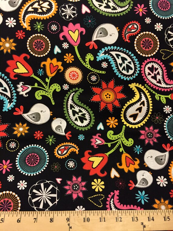 Folk Black Fabric 1 Yard Cut Timeless Treasures Black