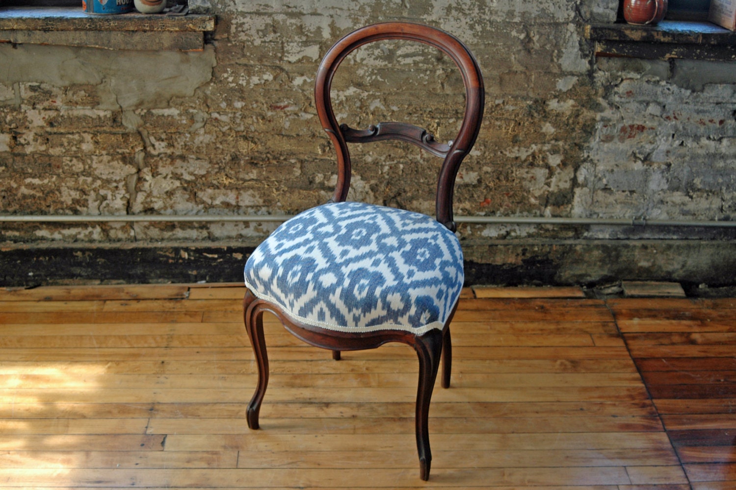 Upcycled Balloon Back Chair with Indigo Ikat by territoryhardgoods
