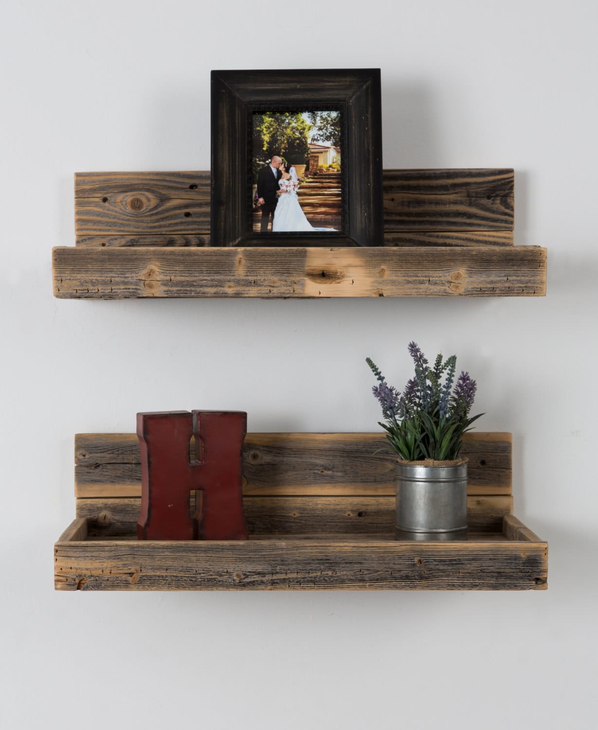 Reclaimed wood floating shelves