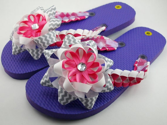 Items similar to Pink and Purple Chevron Flip Flops- Ladies M (7 to 8.5 ...