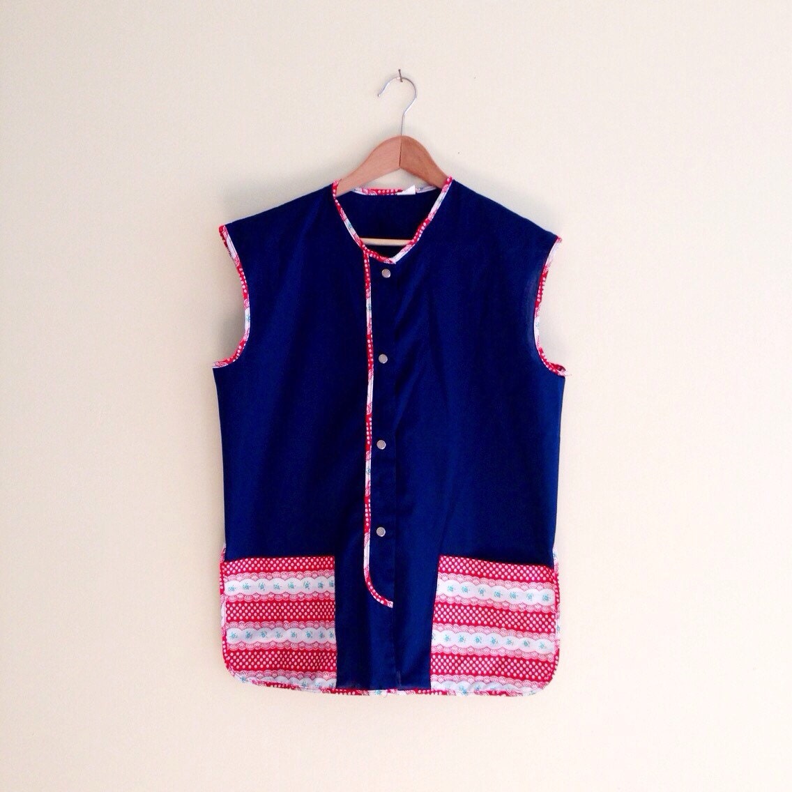 Vintage Navy and Red Artist's Smock / Floral Pocket Vest