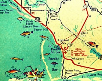 Mexico Beach Map Art Print, Florida Map Art, Port St Joe Map Art Vintage Florida Map Artwork, Florida Wall Art, Cape San Blas Aqua Artwork