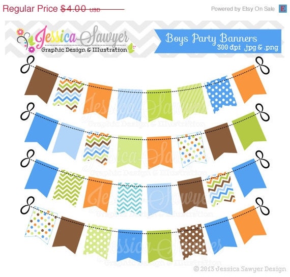 50% OFF- INSTANT DOWNLOAD, boy bunting banners, boys party banner, blue, green, brown, clipart banner, commercial use, invitations, scrapboo Il_570xn