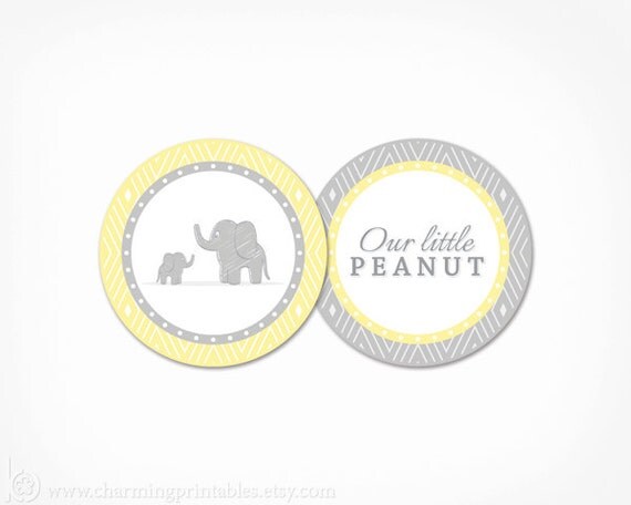 Elephant Cupcake Toppers Baby Shower - Printable INSTANT DOWNLOAD - Gender Neutral Yellow and Grey Favor Tag Party Circle Il_570xn