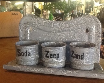 Three Vintage Enamelware Cannisters with Holder