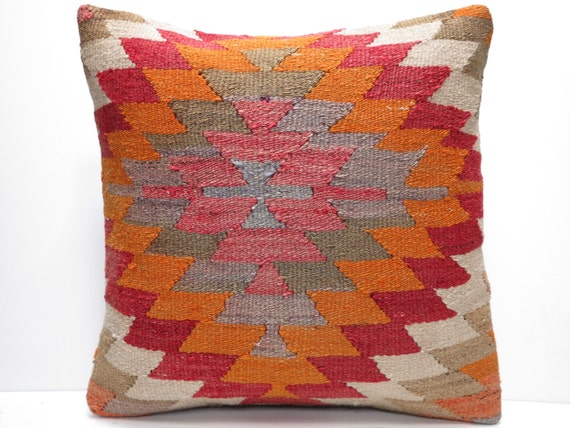 FREE Shipping / Home Decor,Handwoven Turkish Area Rug Kilim Pillow Cover 16" X 16",Decorative Rug Pillow,Rainbow Rug Pillow,Throw Pillow