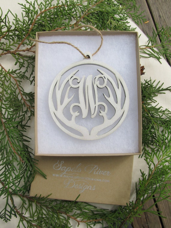 Wooden Antler Monogram Ornament Laser Cut Natural or Hand
