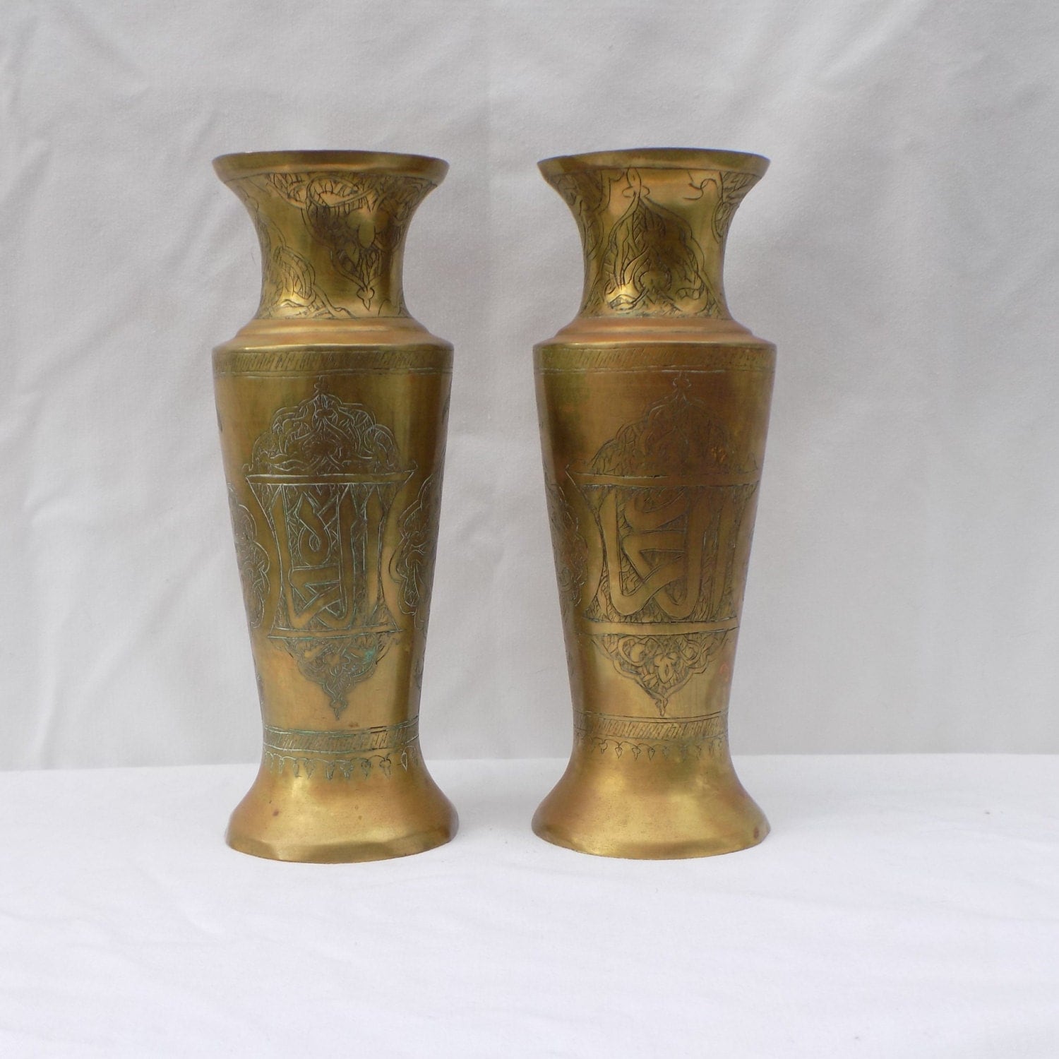 Antique Islamic Middle Eastern Brass Urn Vase Pair with Hand