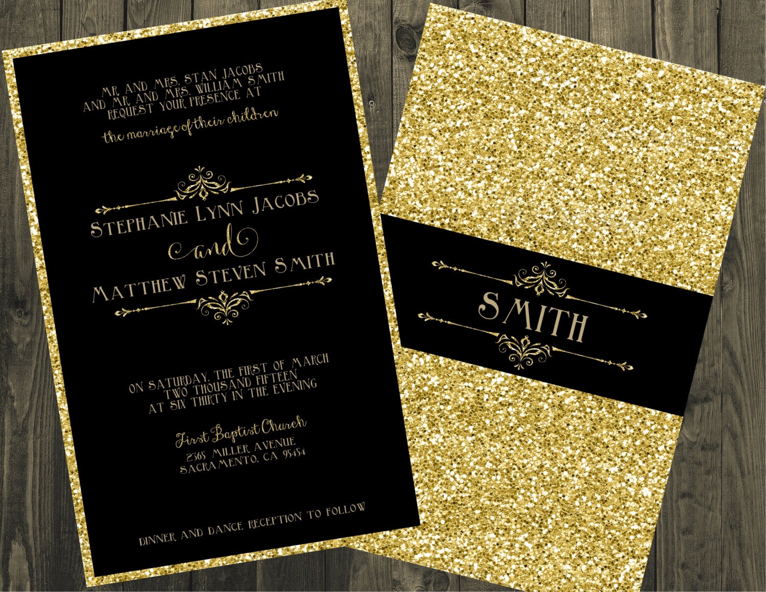 Black and Gold Wedding Invitation Glitter Wedding