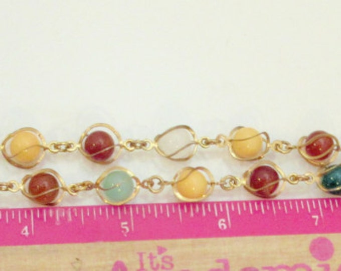 Gemstone Bead Necklace - Caged gold tone metal - polished quartz jasper carnelian and Agate beads