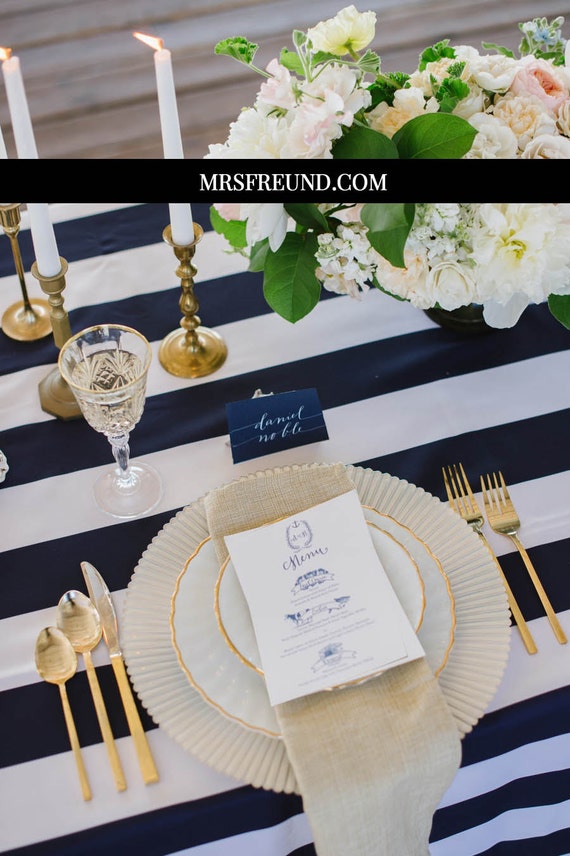 Satin Striped Navy Blue and White Table Linens by mrsfreund