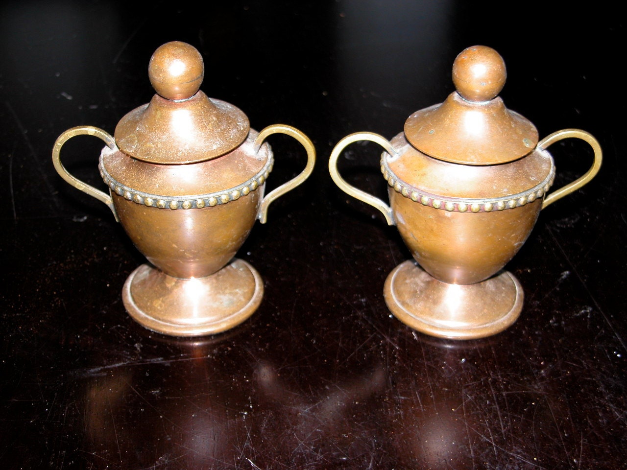 Copper Sugar Set Signed Vintage Mexican Copper Brass Beading Creamer