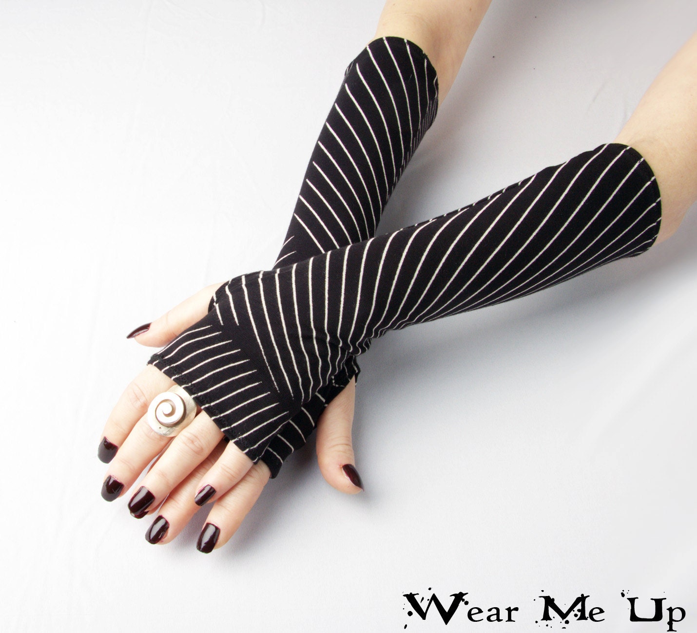 Black and White Striped fingerless gloves Arm Warmers