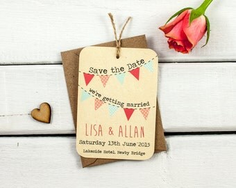 Rustic save-the-date - bunting magnet coral peach mint