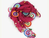 MOTHERS DAY SALE Fuchsia Scarf , Cotton cowl with crochet motifs ,  Womens foulard ,hot pink scarflette, Cotton neckscarf, gift ideas for he