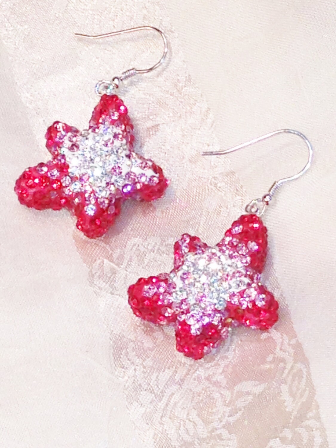 Crystal Star Earrings In Red And White Handmade Jewelry By