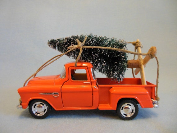 1955 dark orange enamel chevy pickup truck with christmas tree 1955 dark orange enamel chevy pickup truck with christmas tree