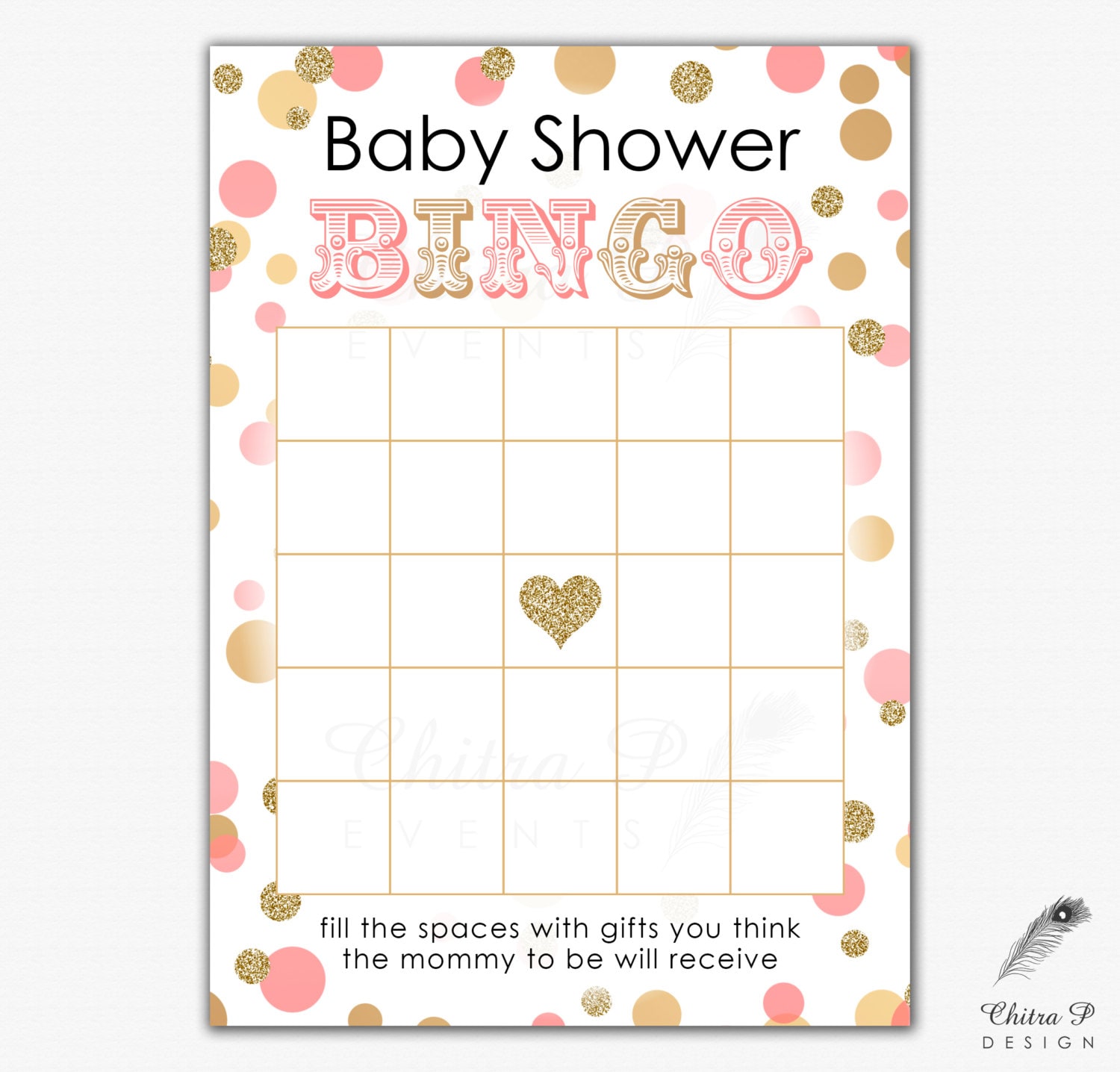 Pink & Gold Baby Shower Bingo Card Printed or Printable