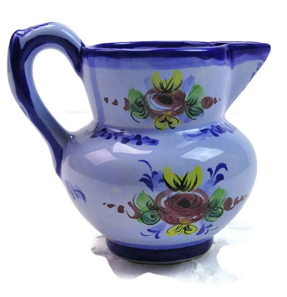 Blue Ceramic Pitcher Small Pitcher Vase Vestal Alcobaca Portugal Floral
