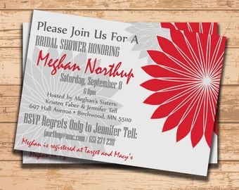 Wedding Shower Invitation. Bridal Shower Invitation. Shower Invite. Printable Invitation. Floral Invite. DIY Wedding. Red and Gray Invite