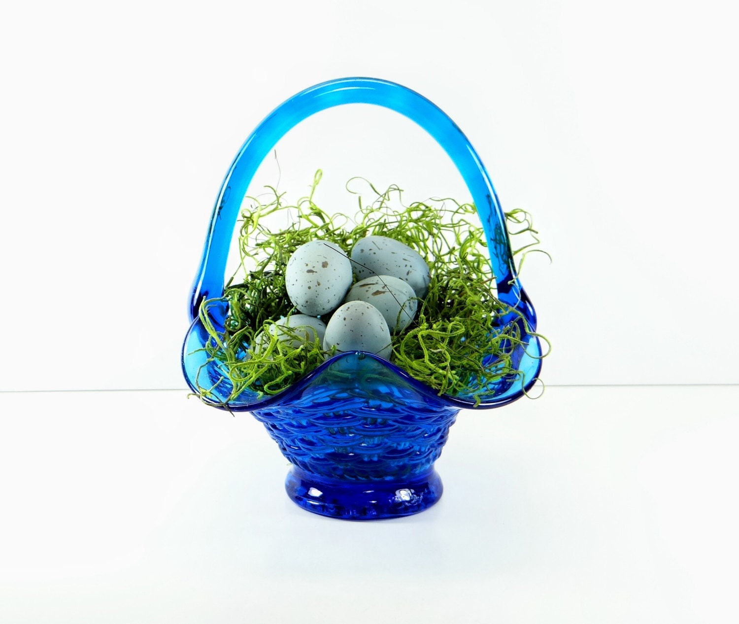 Vintage Cobalt Blue Glass Basket Fenton Lefton Art Glass