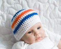 BABY HOCKEY BOYS Striped Beanie Hat Crocheted in Team Colours White, Oiler Blue, Orange - il_214x170.724517341_ibc8