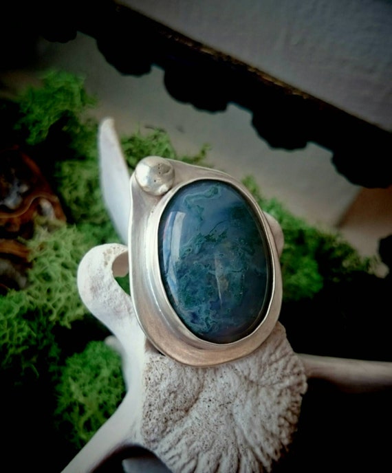 Blue Moss Agate oval stone with large silver garnet Sterling Silver